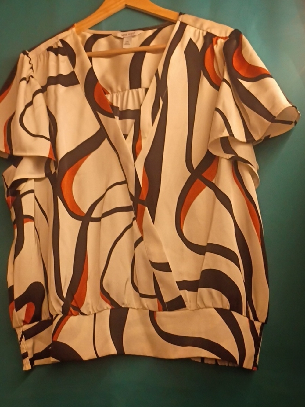 Nine West Cream Blouse with Navy & Rust Abstract Print